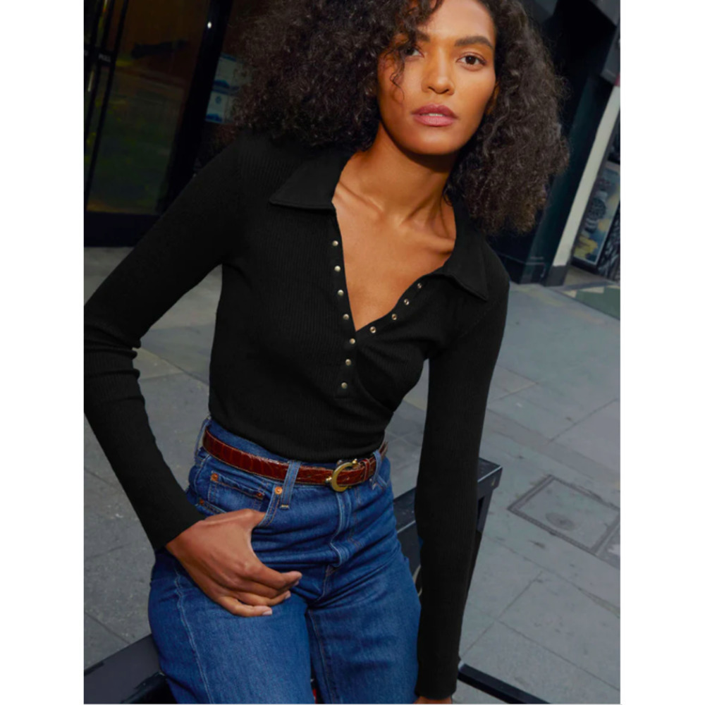 Nation Ltd Womens Hollis Collared Snap T-Shirt, Black - Large